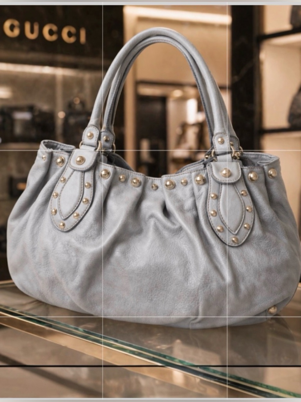 AUTHENTIC GUCCI PELAM GRAY STUDDED LEATHER SHOULDER BAG LARGE SLOUCHY GOLD HW - Picture 10 of 12